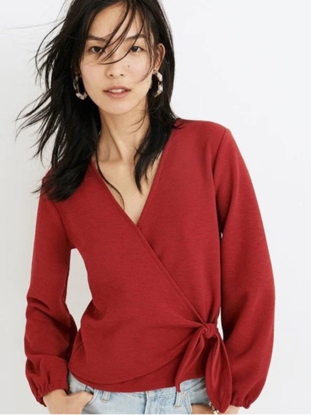Madewell Texture & Thread V Neck Tie Side Crepe Wrap Top
